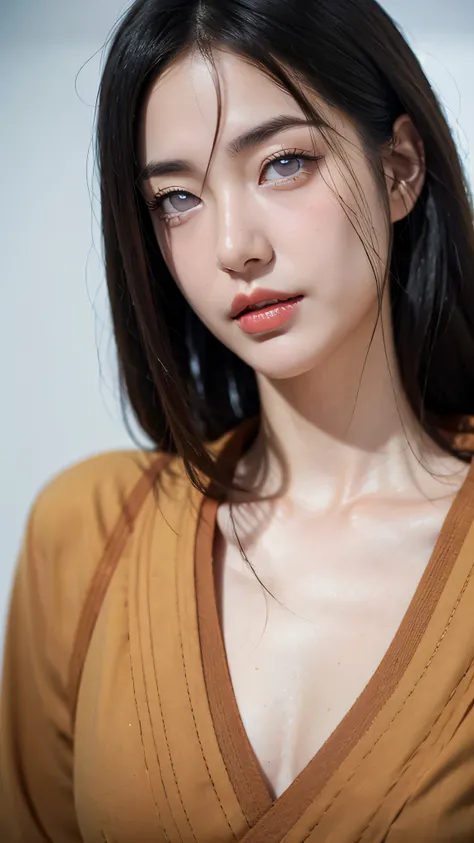 Half-body portrait of Hyuga Hanabi from the Naruto Shippuden universe, depicted in an ultra HD, ultra-realistic and super-detailed style. She has fair skin, long dark hair, and the signature pale Byakugan eyes. Her lips are enhanced with vibrant red lipsti...