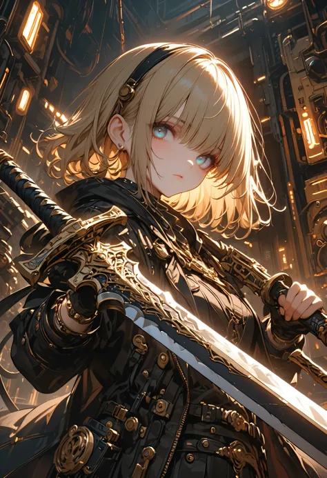 Curved Sword Engineer、Cutting through Metal with a Bay Sword，(masterpiece,Highest Quality,ULTRA DETAIL,超high definition,detailed background),(1girl),watch the viewers,solo,masterpiece，（masterpiece），fuill body ,best quality ，（Highest Quality）， cinematicligh...