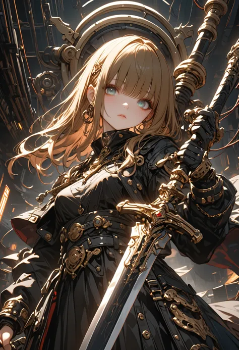 Curved Sword Engineer、Cutting through Metal with a Bay Sword，(masterpiece,Highest Quality,ULTRA DETAIL,超high definition,detailed background),(1girl),watch the viewers,solo,masterpiece，（masterpiece），fuill body ,best quality ，（Highest Quality）， cinematicligh...