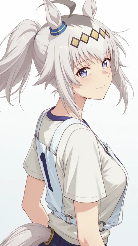 blooms alone, 1 girl, Source Anime, Oguri Cap, ponytail, , gray hair, Hair Accessories, , closes its eyes,, Horse ears,  has a tail , Medium Breasts, , wear a white short-sleeved T-shirt, Wear a bib #12, Tears welling up in my eyes, Stand sideways, smiling...
