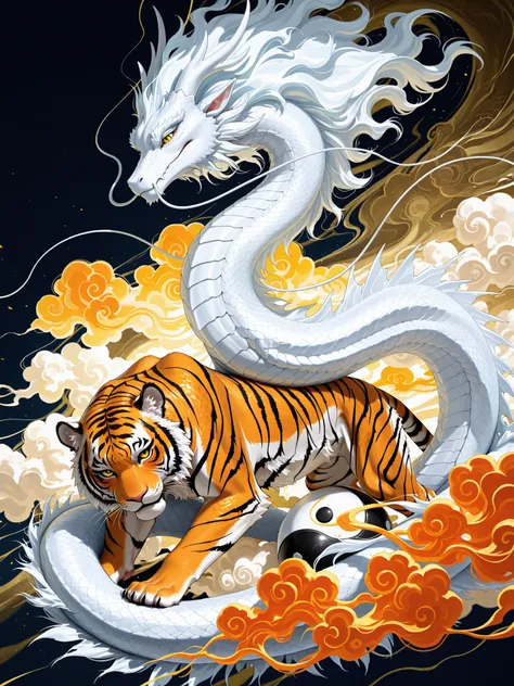 "A high-quality, intricately detailed UHD resolution aesthetic painting featuring a powerful, majestic tiger and a dynamic, celestial dragon, subtly integrated with the concept of Yin and Yang. The tiger, with its vivid orange and black stripes and piercin...