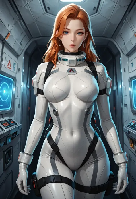 high resolution images, masterpiece, Highest Quality, amazing quality, official art, Highly detailed, Wallpaper, 1 girl, A very attractive and slim woman wearing a tight spacesuit walks through the corridors of an abandoned and decaying space station in a ...