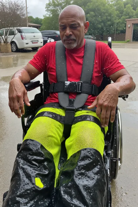 water_droplet_effect,a 82 year old elderly wrinkled bald black man is in a reclining wheelchair, his legs are elevated, he is heavily restrained, the man wears a yellow nylon mesh wraprestr around his legs with bright green vinyl straps that enclose his le...