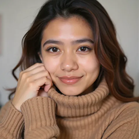 A close-up, intimate portrait of a young woman with long, wavy brown hair that frames her face softly. The lighting is gentle and diffused, giving her skin a smooth, porcelain-like glow. Her expression is tender and slightly mysterious as she looks toward ...