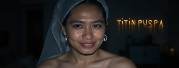 Close up potrait of beautiful woman laying on the bottom large glowing text written "Titin Puspa" Using bold font glowing in the dark , background and subject multiple in one beautiful aestetic .