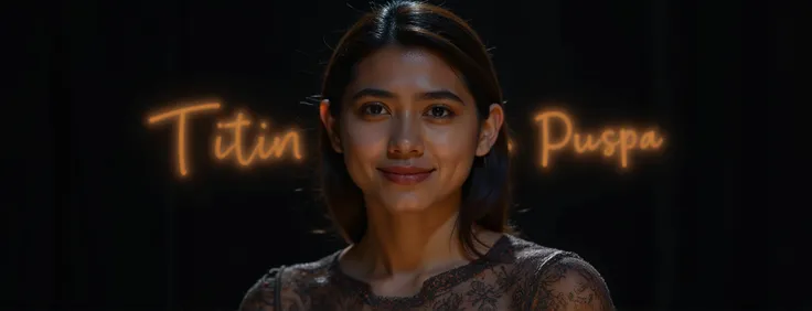 Close up potrait of beautiful woman laying on the bottom large glowing text written "Titin Puspa" Using bold font glowing in the dark , background and subject multiple in one beautiful aestetic .
