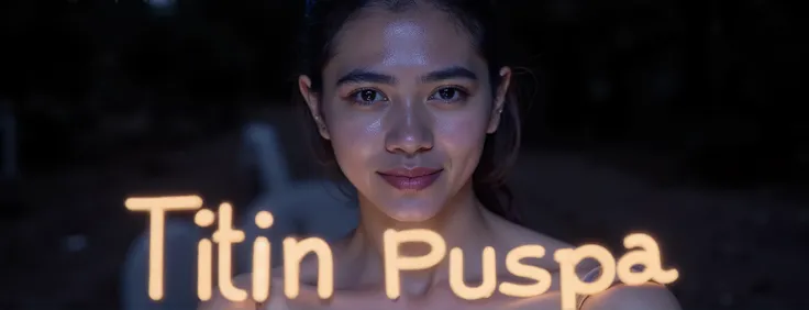 Close up potrait of beautiful woman laying on the bottom large glowing text written "Titin Puspa" Using bold font glowing in the dark , background and subject multiple in one beautiful aestetic .