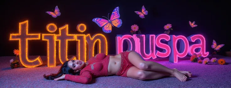 potrait of beautiful woman laying on the bottom large glowing colorful text standing like building font written "Titin Puspa" Using bold font glowing colorful in the dark , butterfly and flower all is glowing, background and subject multiple in one beautif...