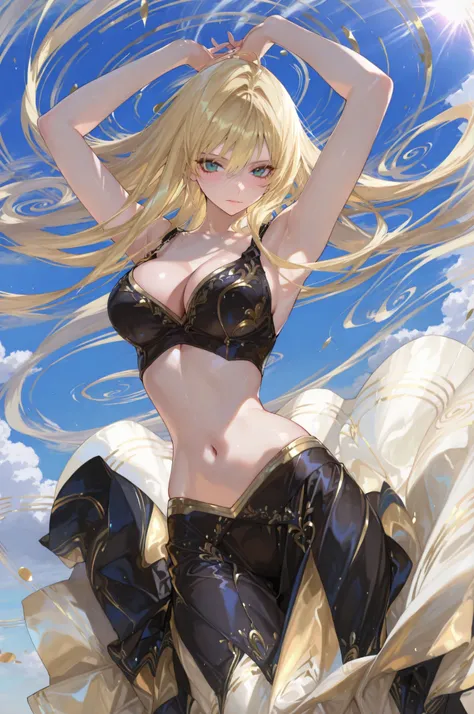 (masterpiece:1.5, oh-great style, blonde long hair spinning in motion, wearing whirling-dervish inspired flowing skirt and tight top with gold accents, arms extended gracefully, wind shapes fabric in spiral, dramatic sunlight, long limbs emphasized, elegan...
