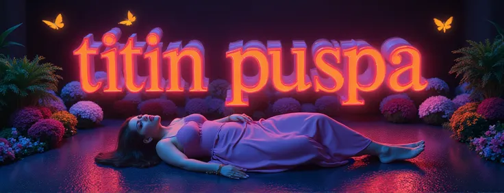 potrait of beautiful woman laying on the bottom large glowing colorful text standing like building font written "Titin Puspa" Using bold font glowing colorful in the dark , butterfly and flower all is glowing, background and subject multiple in one beautif...