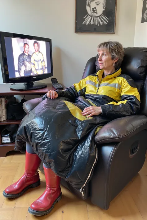 A 34 year old woman wears a shining black and yellow 1970swornbluwhtcfrcrjkt with extensive wear and wrinkles, she wears black leather pants with white stains on them, she wears red rubber boots, she is laying on a recliner viewing art on a television scre...