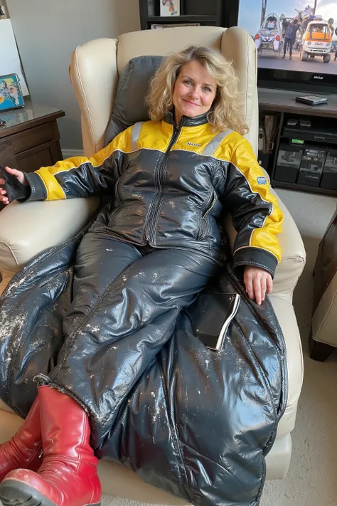 A 34 year old woman wears a shining black and yellow 1970swornbluwhtcfrcrjkt with extensive wear and wrinkles, she wears black leather pants with white stains on them, she wears red rubber boots, she is laying on a recliner viewing art on a television scre...