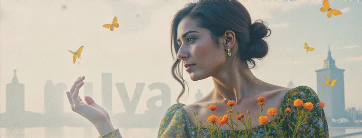 Painting art double exposure surealism potrait of beautiful woman laying on the bottom large glowing colorful text standing like building font written "Titin Puspa" Using bold font glowing colorful in the dark , butterfly and flower all is glowing, backgro...