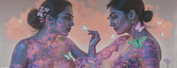 Painting art double exposure surealism potrait of beautiful woman laying on the bottom large glowing colorful text standing like building font written "Titin Puspa" Using bold font glowing colorful in the dark , butterfly and flower all is glowing, backgro...