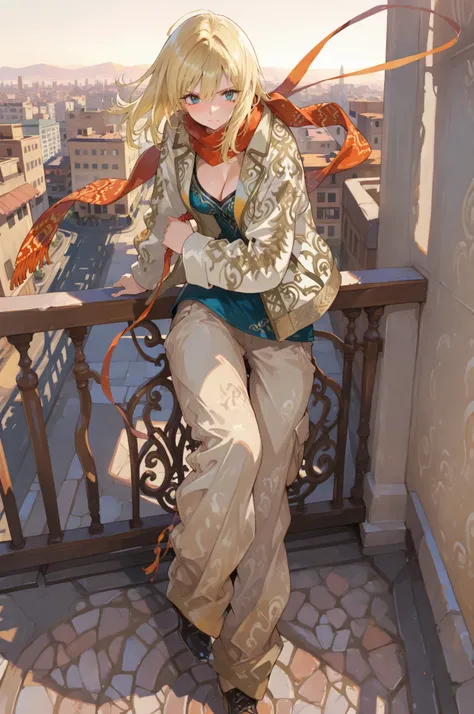 (masterpiece:1.5, oh-great style, blonde girl wearing moroccan-inspired patterned jacket, loose desert pants, scarf trailing in wind, standing in stylish stance with one foot on stone, city walls behind, warm daylight, dynamic composition with strong shado...