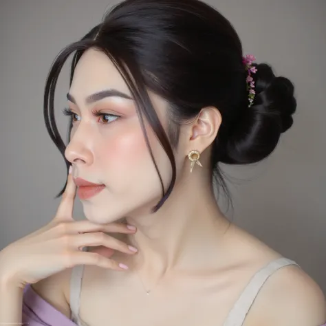 I want a close up of a female face tied low bun hair from the side, with hyper-realistic details