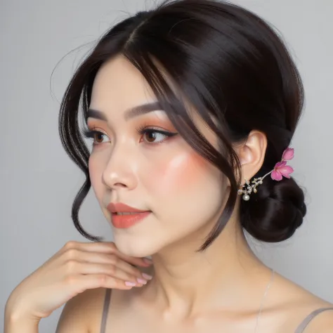 I want a close up of a female face tied low bun hair from the side, with hyper-realistic details