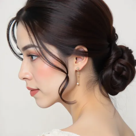 I want a close up of a female face tied low bun hair from the side, with hyper-realistic details