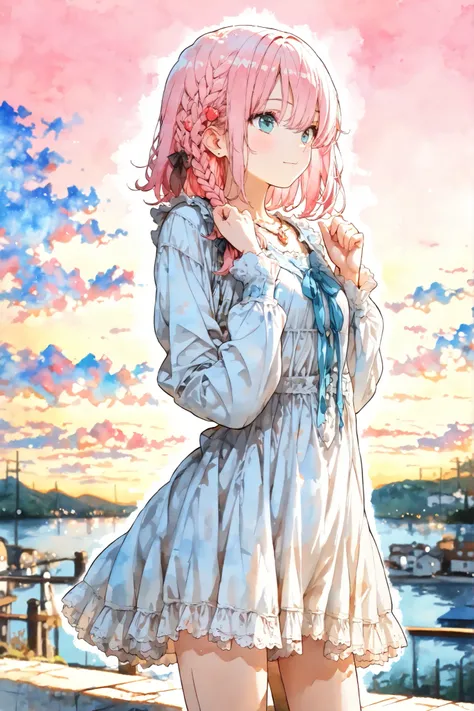 smooth soft skin, finely detailed face, side braid, pink hair, finely detailed face, side braid, smooth soft skin,detailed background,,(masterpiece, best quality:1.2), 1girl, solo, cowboy shot, sky, (((Watercolor-style))),(((Watercolor))),((no-outline)),((...