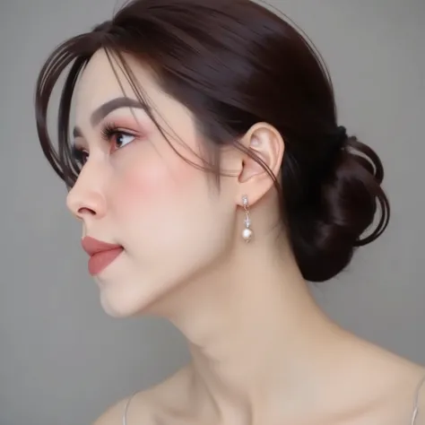 I want a close up of a female face tied low bun hair from the side, with hyper-realistic details
