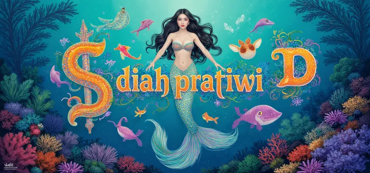 Logo. magical letter-shaped animals, fonts, beautiful mermaid on central holding text says "DiaH PratiWi". magical under ocean creatures.