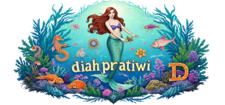 Logo. magical letter-shaped animals, fonts, beautiful mermaid on central holding text says "DiaH PratiWi". magical under ocean creatures.