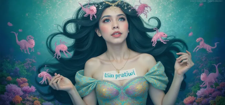 Logo. magical letter-shaped animals, fonts, beautiful close-up face mermaid on central holding text on her chest says "DiaH PratiWi" , auto correct detail words text. magical under ocean creatures.
