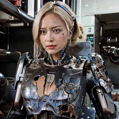Highest Quality、masterpiece、38-year-old beautiful white woman's RoboCop、blonde semi-long、 mechanical ears 、a metal robot body that was completely destroyed with dirt and tattered by machine oil、Extremely mechanical internal structures and wiring can be see...