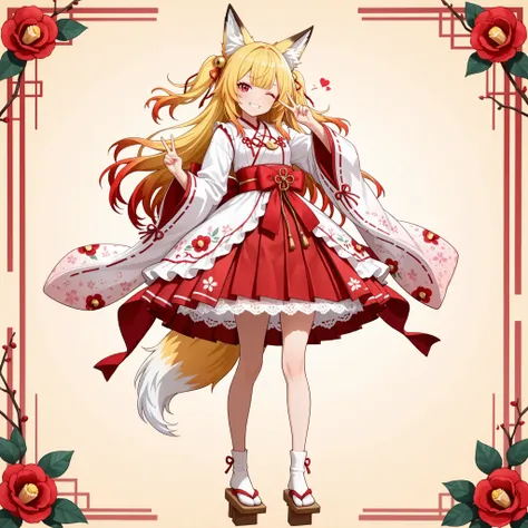 Anime style, anime face, high quality, masterpiece, best quality, ultra-detailed, finely detailed, sharp focus, 8k, highres, intricate details, beautiful lighting, full body,
younger appearance, young girl, fox ears with red tips, (gradient fox tail, white...
