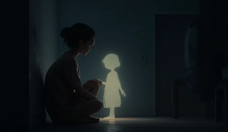 A lonely adult version of the character sitting in a dimly lit room, and behind them appears a glowing silhouette of their younger self, gently placing a hand on their shoulder — soft lighting, emotional animation style, slow-motion atmosphere.”
