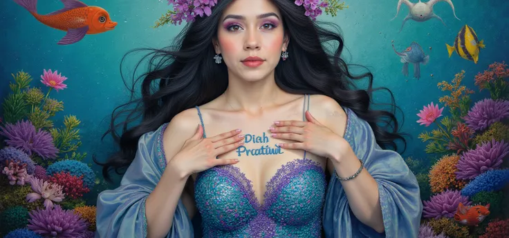 Logo. magical letter-shaped animals, fonts, beautiful close-up face mermaid on central holding text on her hands in her chest says "DiaH PratiWi" , auto correct detail words text. magical under ocean creatures.