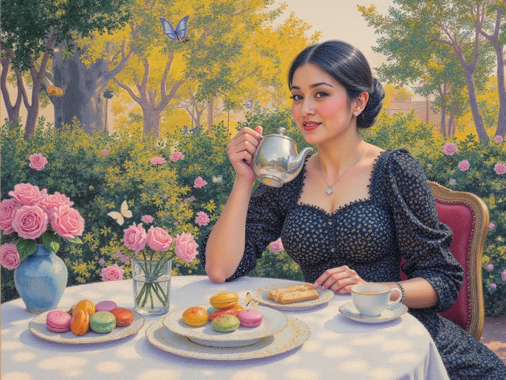 A pointilism painting art for European-style photo of a lady in a polkadot black and white patterned dress sipping tea from a silver teapot in the rose garden in the afternoon. Golden Soft sunlight shining through the leaves creates a patterned shadow on a...