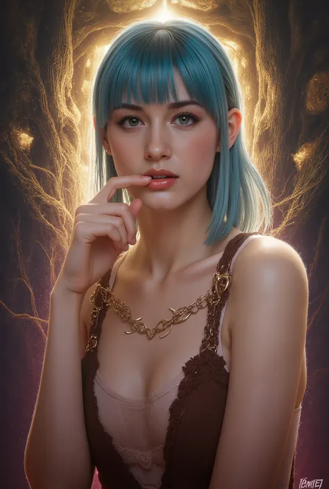 masterpiece,Highest Quality,very detailed,,1girl, She's Biting Her finger, Seraphina_tailor,short cian hair,Sharp Cheekbones ,Tan skin ,big boobs,detailed facial features,realistic skin texture,Classy expression ,Confident Postures,mystical background,Fant...