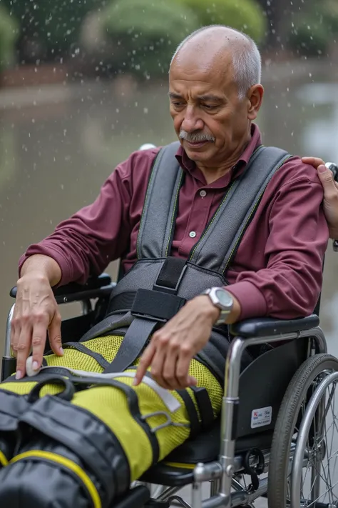 water_droplet_effect,a 82 year old elderly wrinkled bald black man is in a reclining wheelchair, his legs are elevated, he is heavily restrained, the man wears a yellow nylon mesh wraprestr around his legs with bright green vinyl straps that enclose his le...