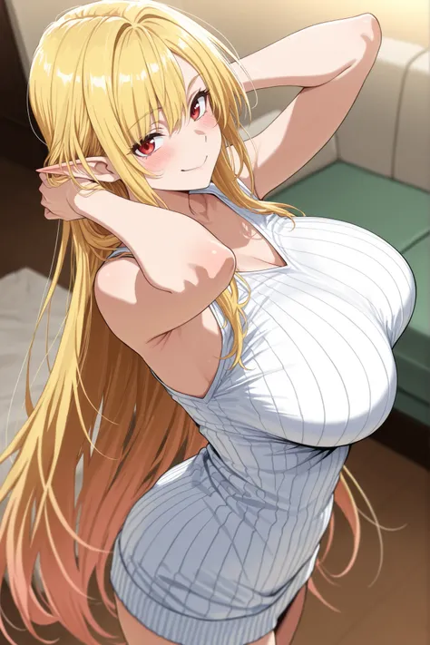 Solo, 1 girl, over hair eye, irregular bangs,king gaze,hd, másterpiece, absurd,, Big saggy breast, inlove gaze, , blush,masterpiece,best quality,amazing quality,anime coloring,masterpiece,best quality,amazing quality,anime coloring,,Glamorous Light , brigh...