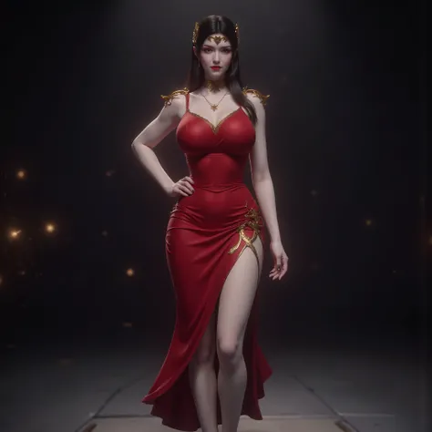 Photorealistic full body image of an athletic mature woman with long black hair and intense grey eyes, wearing a form-fitting red dress that highlights her muscular legs and wide hips, standing elegantly with one leg raised and knee bent, high heels, bare ...