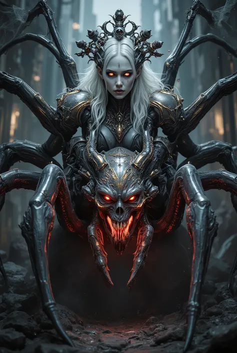 "realistic spider queen, female humanoid upper body fused with monstrous spider legs, dark chitin armor, bioluminescent red eyes, multiple eyes on forehead, pearl white and golden and crimson tones, highly detailed organic textures, sinister expression, fa...
