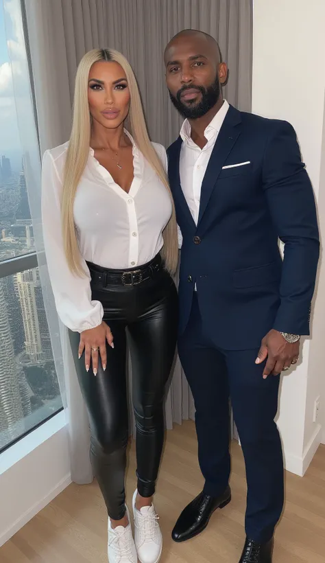 Kim Kardashian mit short straight blonden Haar , short white blouse with collar and buttons and large cleavage , black belt , wearing very tight black leather pants and white sneakers , Kim is standing in a bedroom, Penthouses in the background can be seen...