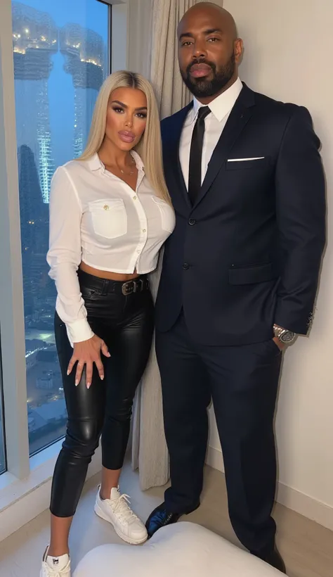Kim Kardashian mit short straight blonden Haar , short white jeans shirt with collar and buttons and large cleavage , black belt , wearing very tight black leather pants and white sneakers , Kim is standing in a bedroom, Penthouses in the background can be...