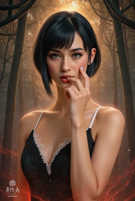 masterpiece,Highest Quality,very detailed,,1girl, She's Biting Her finger, Seraphina_tailor,short cian hair,Sharp Cheekbones ,Tan skin ,big boobs,detailed facial features,realistic skin texture,Classy expression ,Confident Postures,mystical background,Fant...