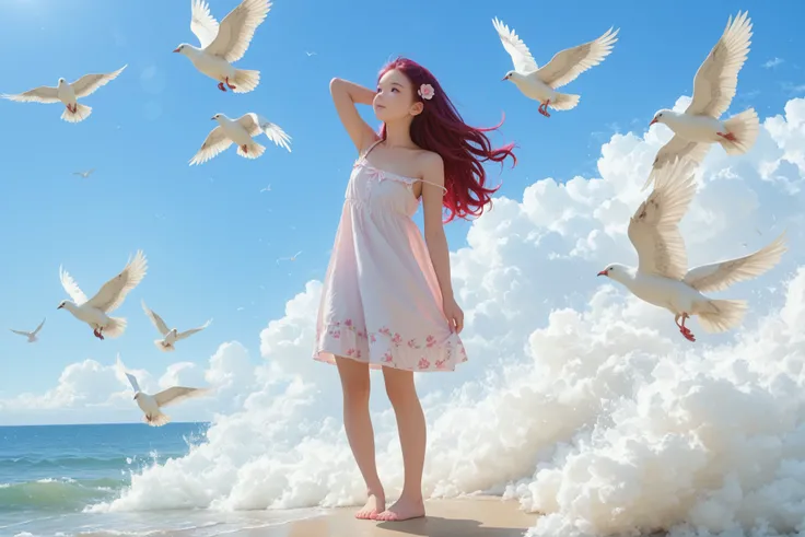 ultra sharp, 8k, Canon R5, 85mm f/1.2 lenses, Clean Exposure, Cinematic depth of field. outdoor, Paolo Peregrin's enigmatic atmosphere and Roger Deakins' moody lighting. young girl, (long reddish-purple red crimson long hair) ツインテールヘアー, arm behind head, lo...