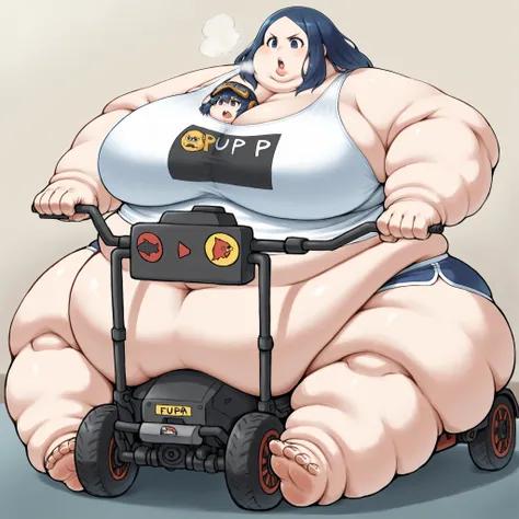 tmgrnt, dark blue hair, forehead, dark blue eyes, big breasts, tank top, midriff, dolphin shorts, sitting on Powered Wheelchairs (Mostly Permobil M3/F5 Based), fat, chubby, obese, fat neck, multiple chins, big breasts open mouth, out of breath, Larger fema...