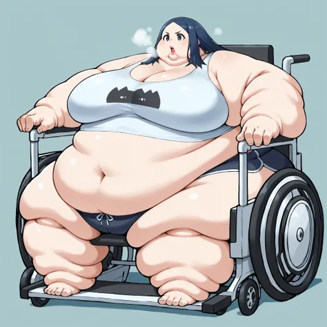 tmgrnt, dark blue hair, forehead, dark blue eyes, big breasts, tank top, midriff, dolphin shorts, sitting on Powered Wheelchair, fat, chubby, obese, fat neck, multiple chins, big breasts open mouth, out of breath, Larger female, full body shot, only head, ...