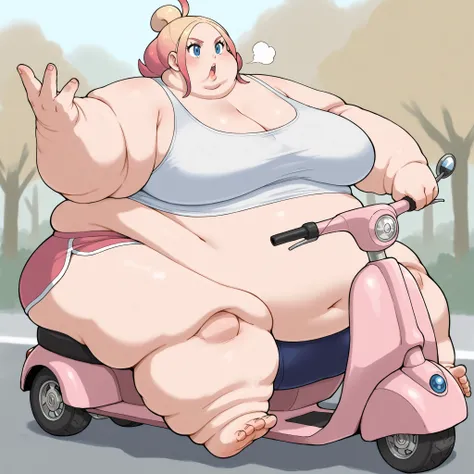 taunie, aged up, taunie \(pokemon\), pink hair, blonde hair, gradient hair, multicolored hair, single hair bun, ahoge, blue eyes, short hair, sidelocks, tank top, midriff, dolphin shorts, sitting on mobility scooter, using mobility scooter, fat, chubby, ob...