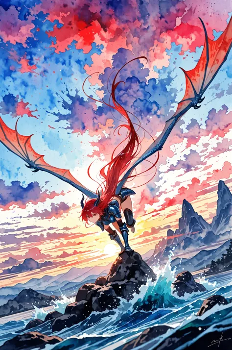 (((Watercolor-style))),(((Watercolor))),((no-outline)),((no- borders)),Blurred,,Watercolor-style,high quality, masterpiece, best quality, female warrior with flowing red hair, riding a majestic blue dragon, watercolor painting style, loose brushstrokes, in...