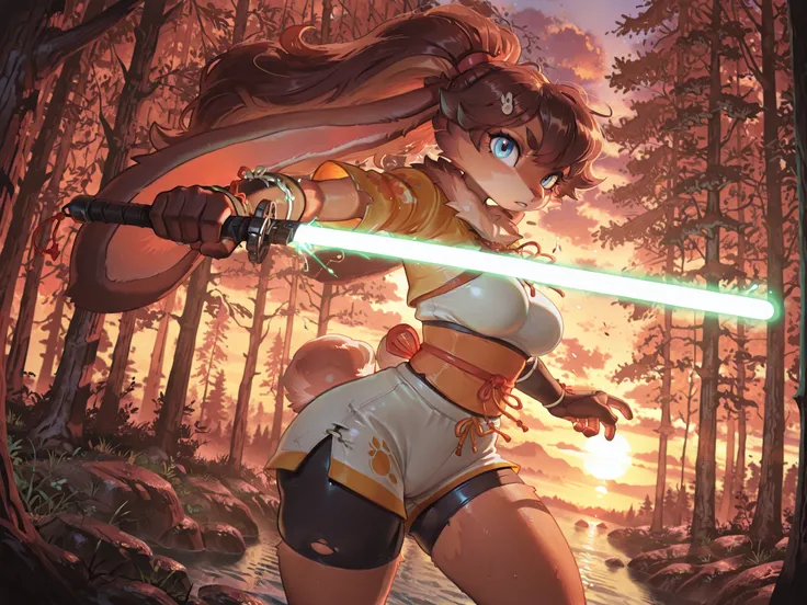 masterpiece, best quality, amazing quality, very aesthetic, high resolution, ultra-detailed, absurdres, newest, scenery, 1girl, rabbit, furry female, blue eyes, looking at the viewer, tail, medium breasts, thighs, hips, female focus, contrast lighting, sid...