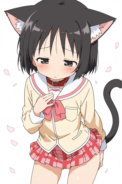 (from above),((fidgeting)),(face focus),nsfw,((anime syale)),score_9, score_8_up, score_7_up, source_anime,shinonome nano,yasuna oribe,short hair, (black eyes),half-closed eyes,(black hair),black Cat ears,black Cat tail,((red leather collar)),(white backgr...