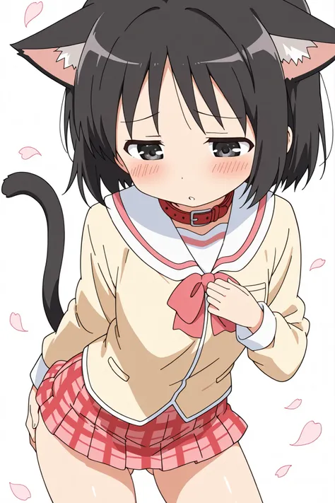 ((from above)),((fidgeting)),((face focus)),nsfw,((anime syale)),score_9, score_8_up, score_7_up, source_anime,shinonome nano,yasuna oribe,short hair, (black eyes),half-closed eyes,(black hair),black Cat ears,black Cat tail,((red leather collar)),(white ba...