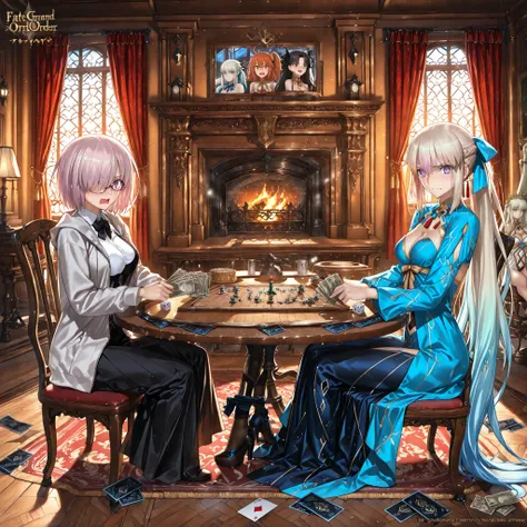 (masterpiece:1.2), (Highest Quality:1.2), (Super Detailed:1.2), (Fate/Grand Order style:1.3), (Thickly painted anime style:1.2), (anime style:1.25),
(4girls:1.3), (intimate atmosphere:1.3), ((Fate Grand Order)),((4girls sitting around luxurious round woode...