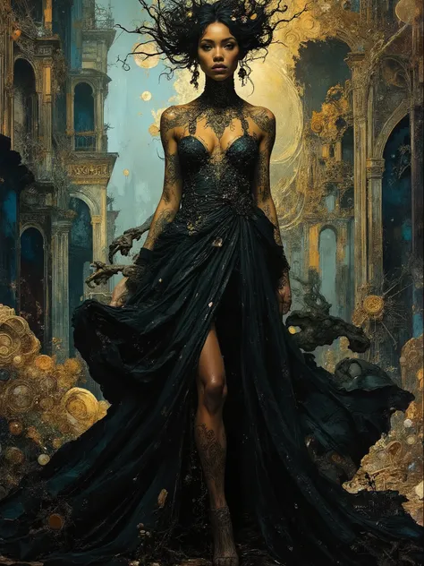 Impressionist surrealism, photo-realistic bizarre portrait of a beautiful, majestic caucasian half-Black lady—graceful yet an outcast, radiating eldritch aura and supernatural mystery. Deep golden-brown skin glows with lifelike detail. She stands in a dram...